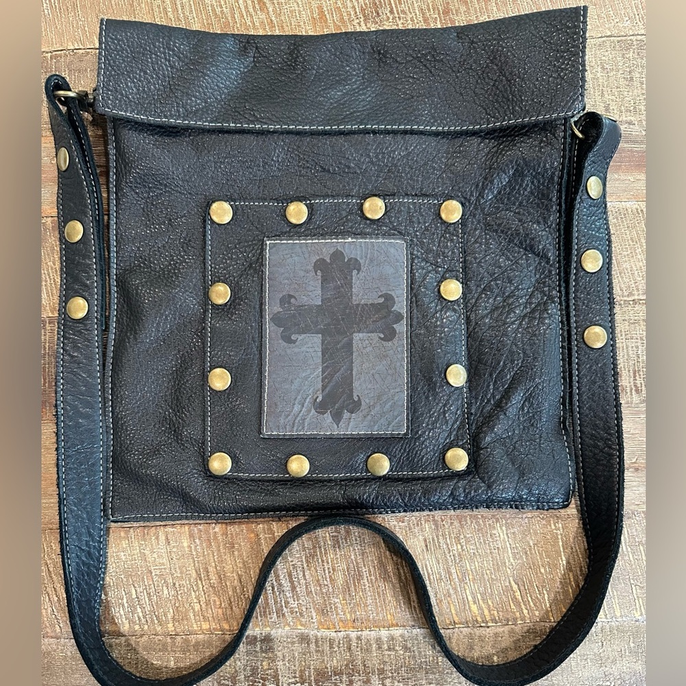 KBD Studio Black Leather Crossbody Bag with Cross design and Stud Accents